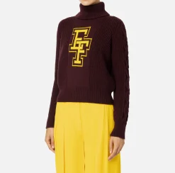 Elisabetta Franchi Knitwear And Sweatshirts|College-style wool turtleneck top RougeNoir/Mimosa