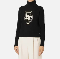 Elisabetta Franchi Knitwear And Sweatshirts|College-style wool turtleneck top Black/Butter