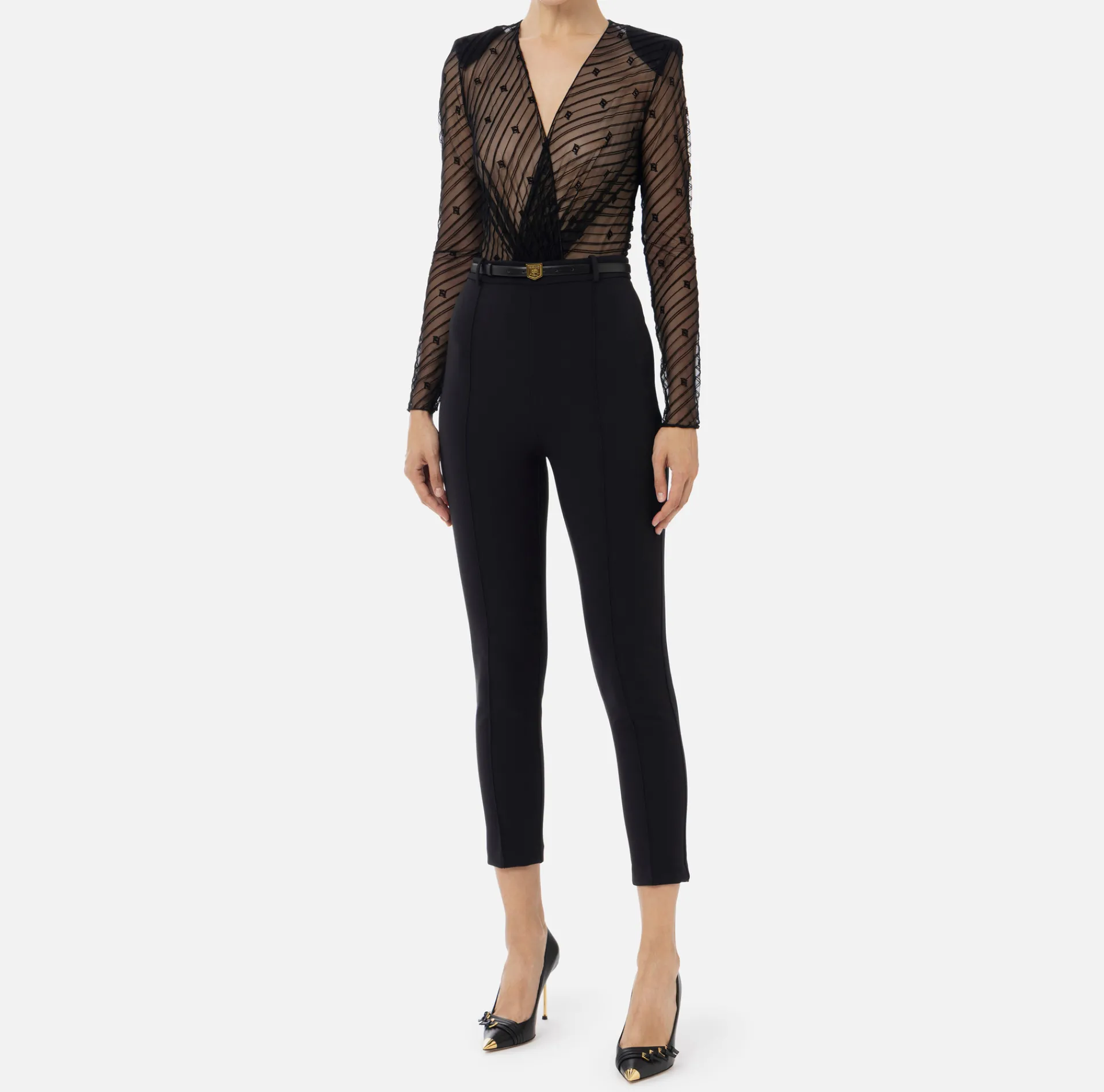 Elisabetta Franchi Jumpsuits|Combined jumpsuit in flocked tulle with diagonal pattern Black