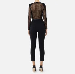 Elisabetta Franchi Jumpsuits|Combined jumpsuit in flocked tulle with diagonal pattern Black