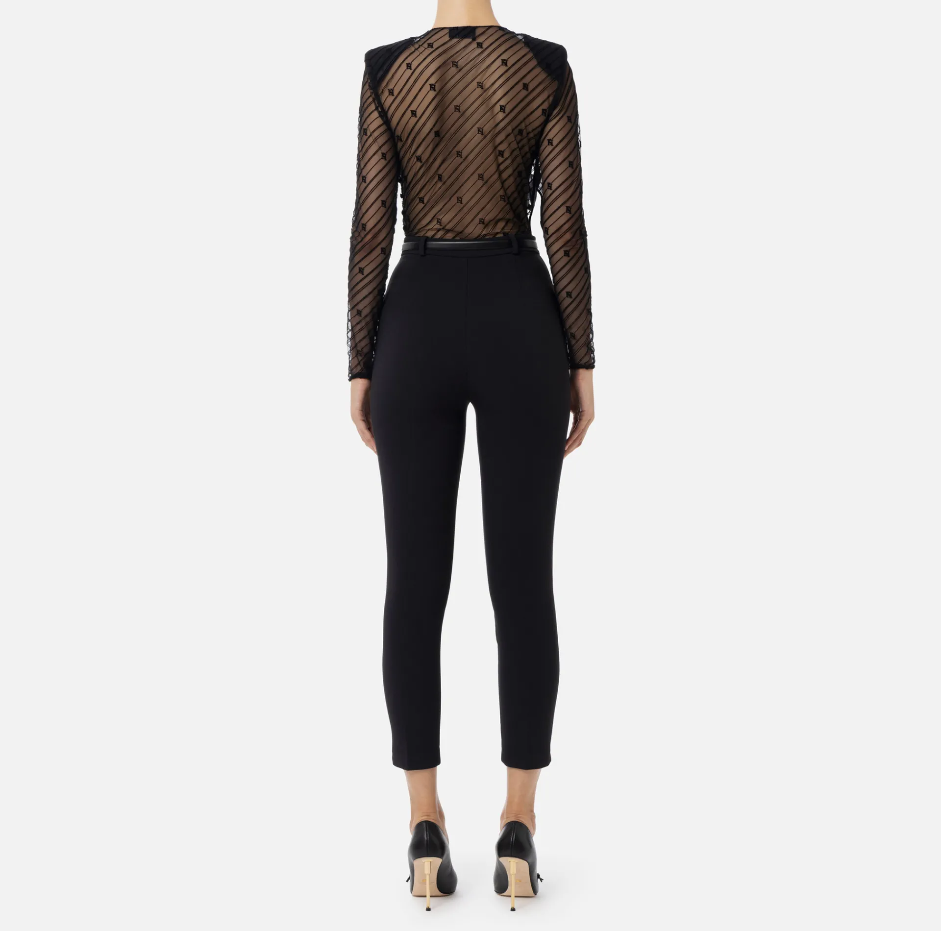 Elisabetta Franchi Jumpsuits|Combined jumpsuit in flocked tulle with diagonal pattern Black