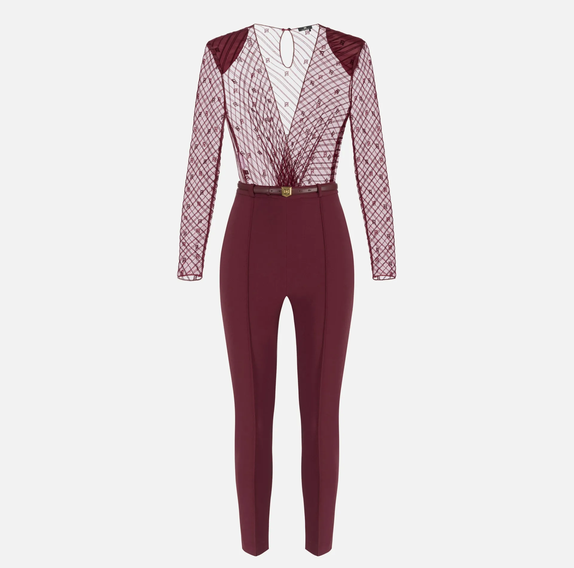 Elisabetta Franchi Jumpsuits|Combined jumpsuit in flocked tulle with diagonal pattern RougeNoir
