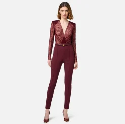 Elisabetta Franchi Jumpsuits|Combined jumpsuit in flocked tulle with diagonal pattern RougeNoir