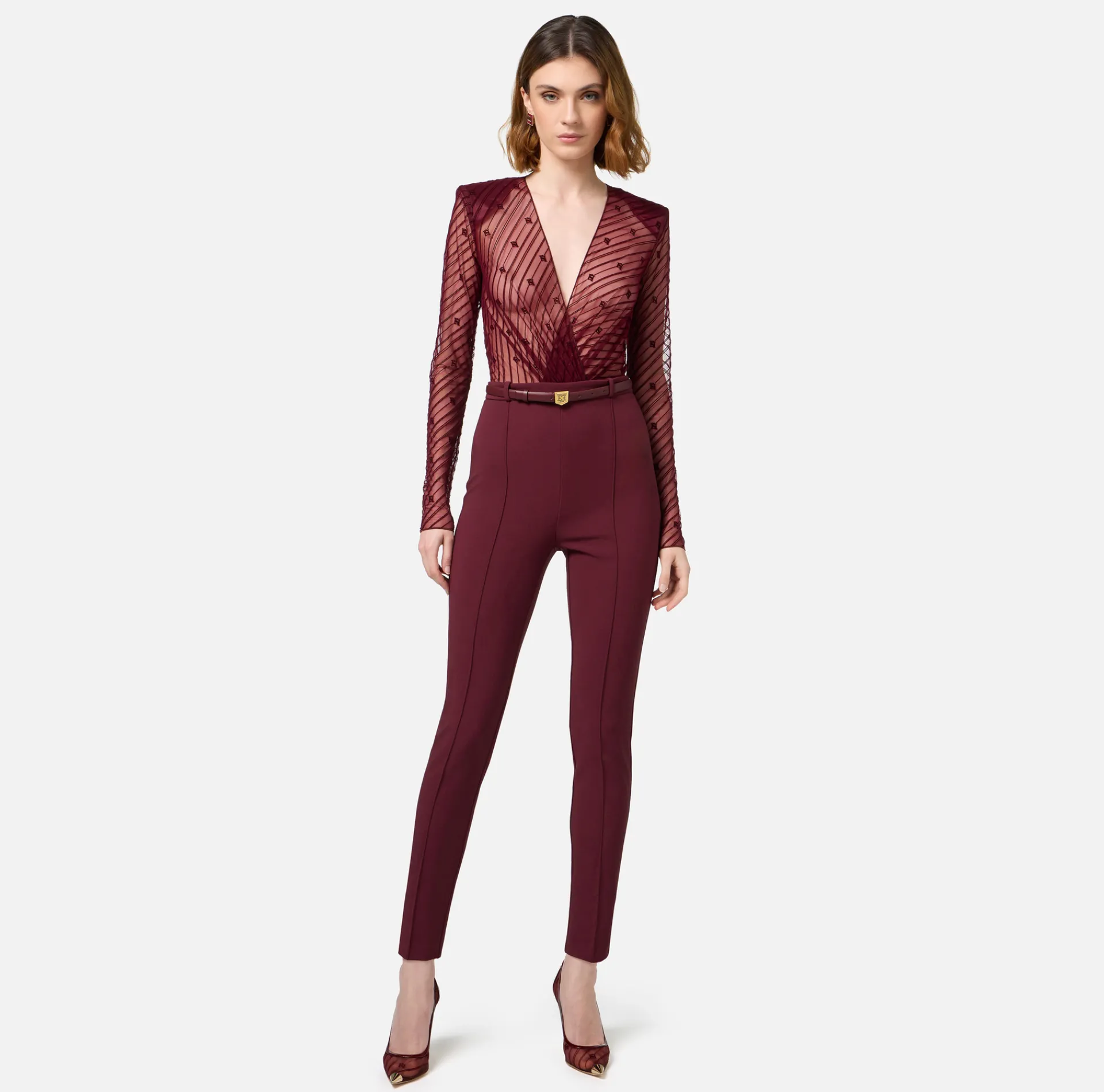 Elisabetta Franchi Jumpsuits|Combined jumpsuit in flocked tulle with diagonal pattern RougeNoir