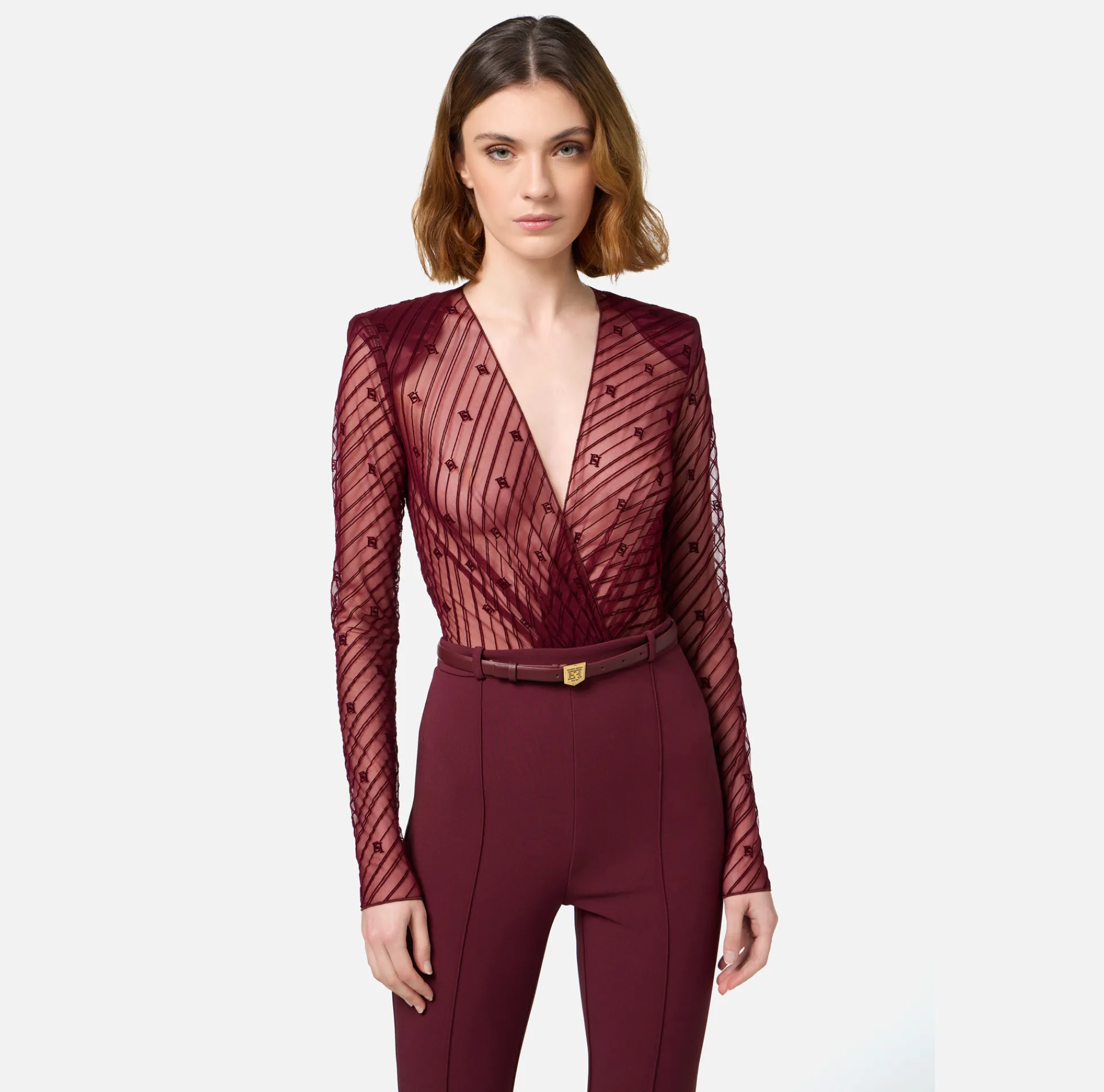 Elisabetta Franchi Jumpsuits|Combined jumpsuit in flocked tulle with diagonal pattern RougeNoir