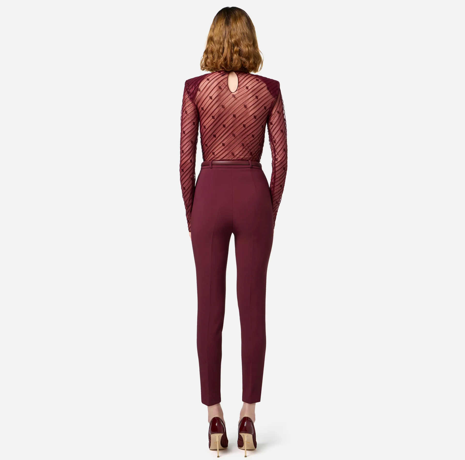 Elisabetta Franchi Jumpsuits|Combined jumpsuit in flocked tulle with diagonal pattern RougeNoir