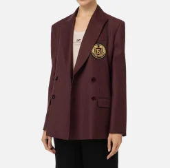 Elisabetta Franchi Jackets And Trench Coats|Cool wool double-breasted jacket with patch RougeNoir