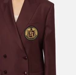 Elisabetta Franchi Jackets And Trench Coats|Cool wool double-breasted jacket with patch RougeNoir
