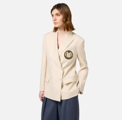 Elisabetta Franchi Jackets And Trench Coats|Cool wool double-breasted jacket with patch