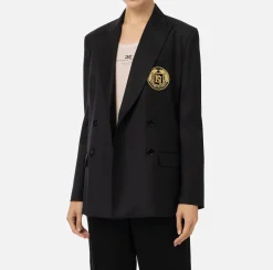 Elisabetta Franchi Jackets And Trench Coats|Cool wool double-breasted jacket with patch Black
