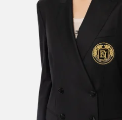 Elisabetta Franchi Jackets And Trench Coats|Cool wool double-breasted jacket with patch Black