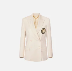 Elisabetta Franchi Jackets And Trench Coats|Cool wool double-breasted jacket with patch Cream