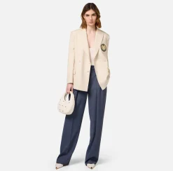 Elisabetta Franchi Jackets And Trench Coats|Cool wool double-breasted jacket with patch Cream