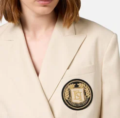 Elisabetta Franchi Jackets And Trench Coats|Cool wool double-breasted jacket with patch Cream