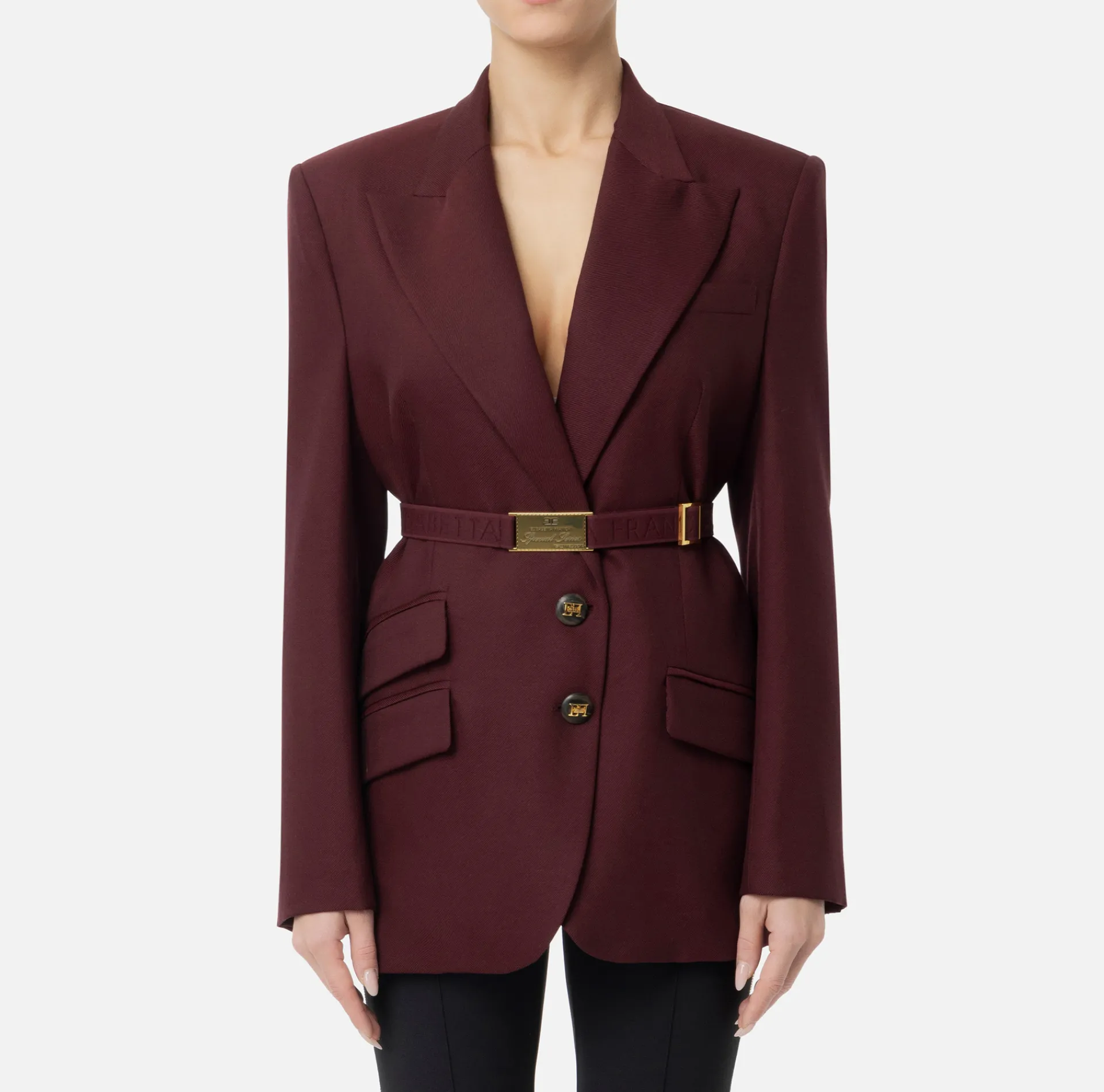 Elisabetta Franchi Jackets And Trench Coats|Tailleur|Cool wool jacket with belt RougeNoir