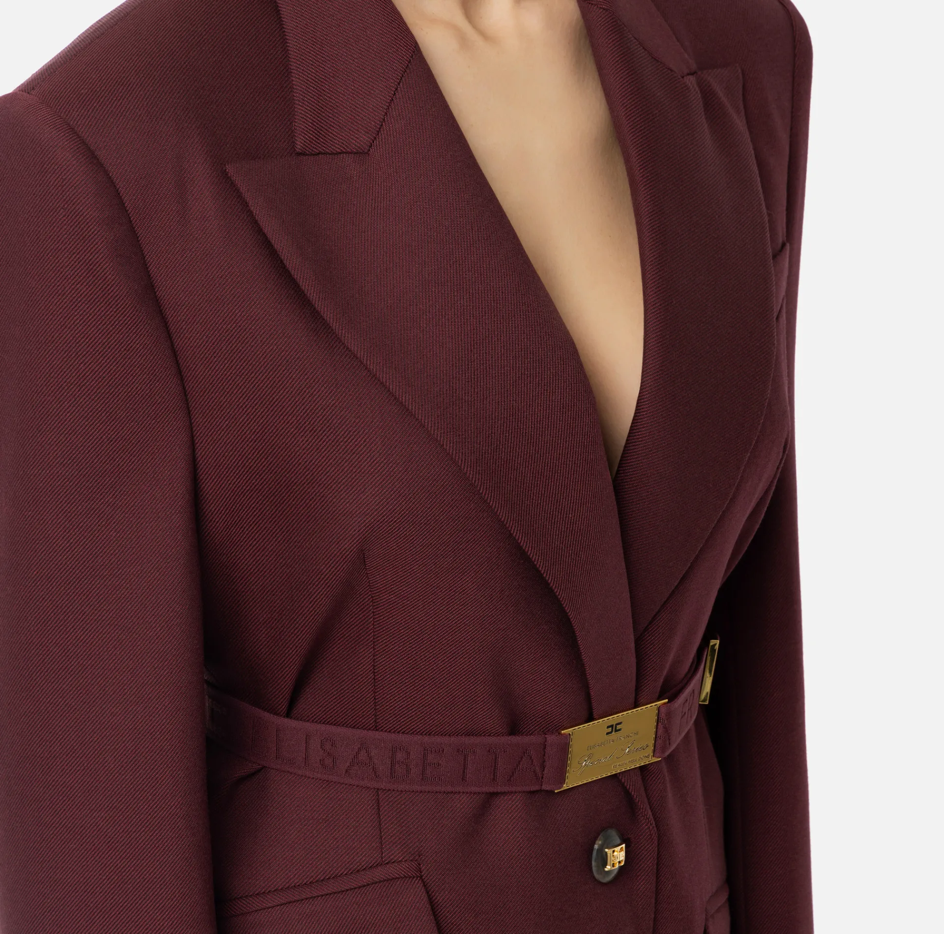 Elisabetta Franchi Jackets And Trench Coats|Tailleur|Cool wool jacket with belt RougeNoir