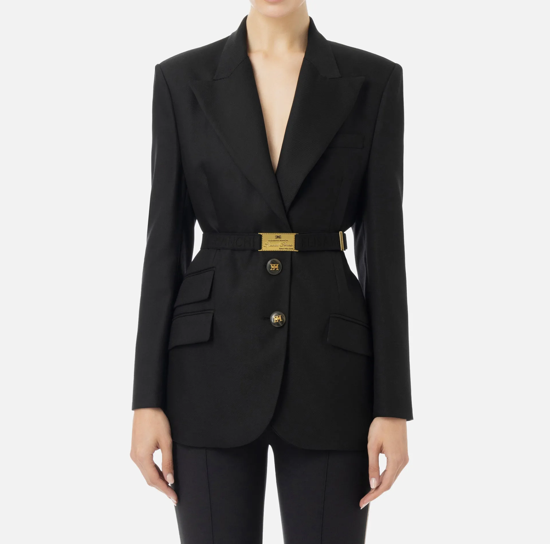 Elisabetta Franchi Jackets And Trench Coats|Tailleur|Cool wool jacket with belt Black