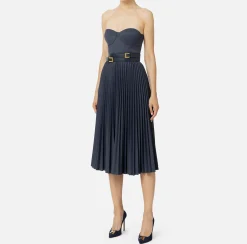 Elisabetta Franchi Midi Dresses|Dresses|Cool wool melange midi dress with pleated skirt and belt Navy