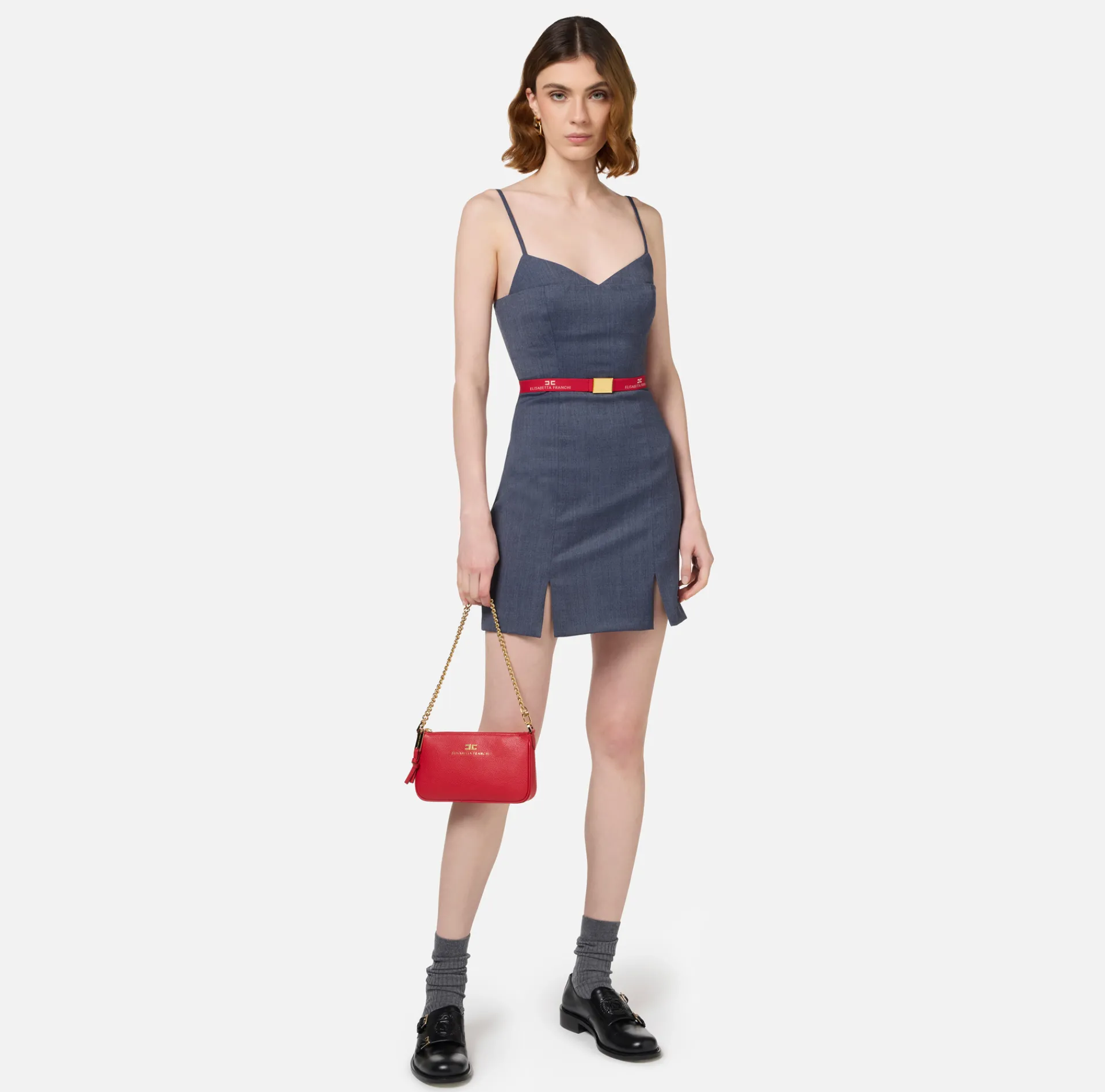 Elisabetta Franchi Mini Dresses|Dresses|Cool wool melange mini-dress with belt Navy
