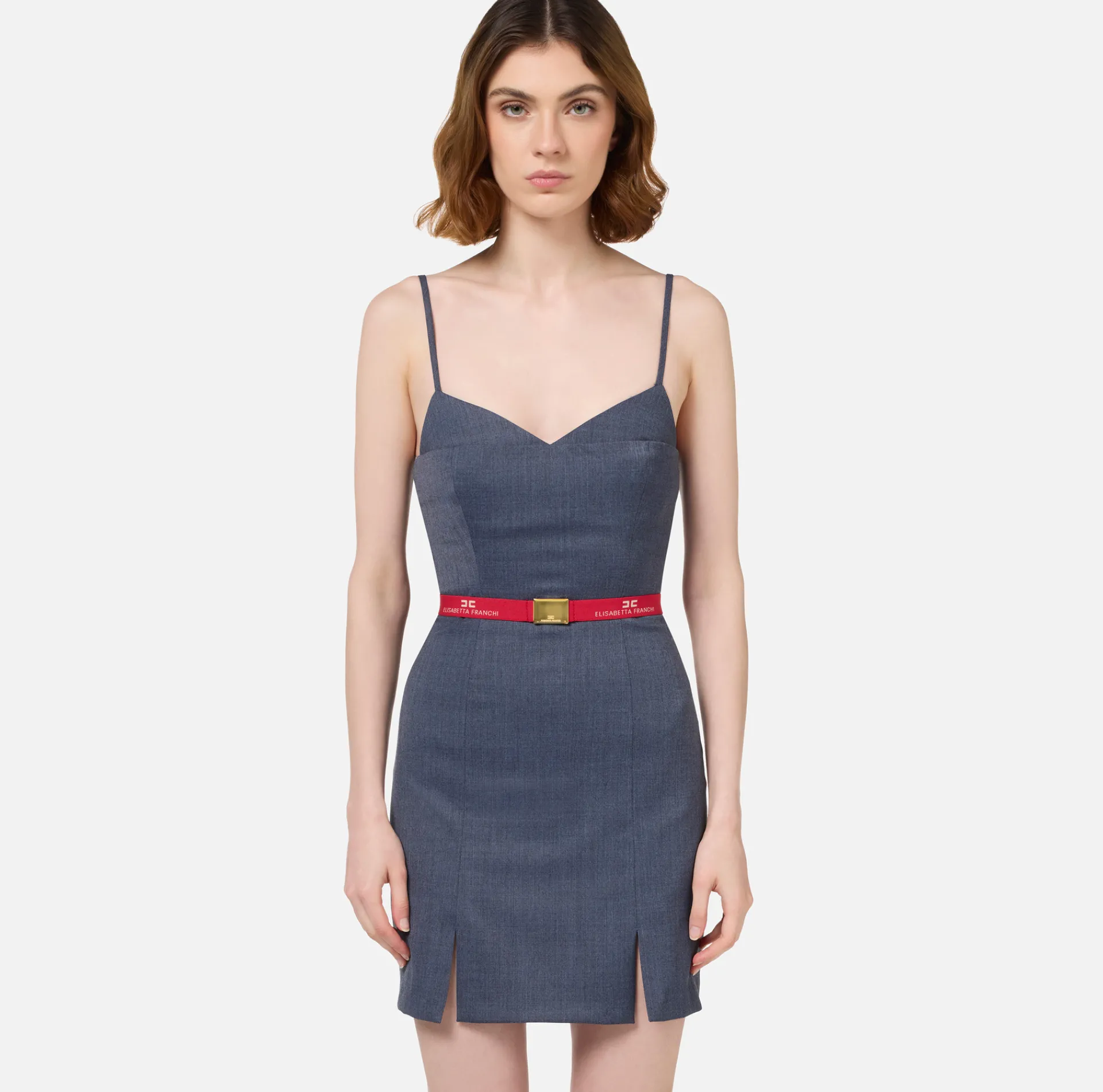 Elisabetta Franchi Mini Dresses|Dresses|Cool wool melange mini-dress with belt Navy