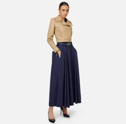 Elisabetta Franchi Skirts|Cool wool midi skirt with emblem embroidery Navy