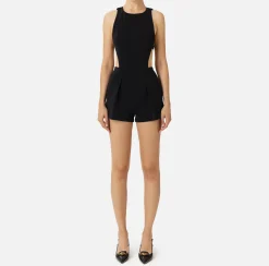 Elisabetta Franchi Jumpsuits|Cool wool romper suit with logoed elastic band Black