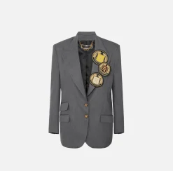 Elisabetta Franchi Jackets And Trench Coats|Cool wool single-breasted jacket with patch