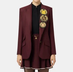 Elisabetta Franchi Jackets And Trench Coats|Cool wool single-breasted jacket with patch RougeNoir