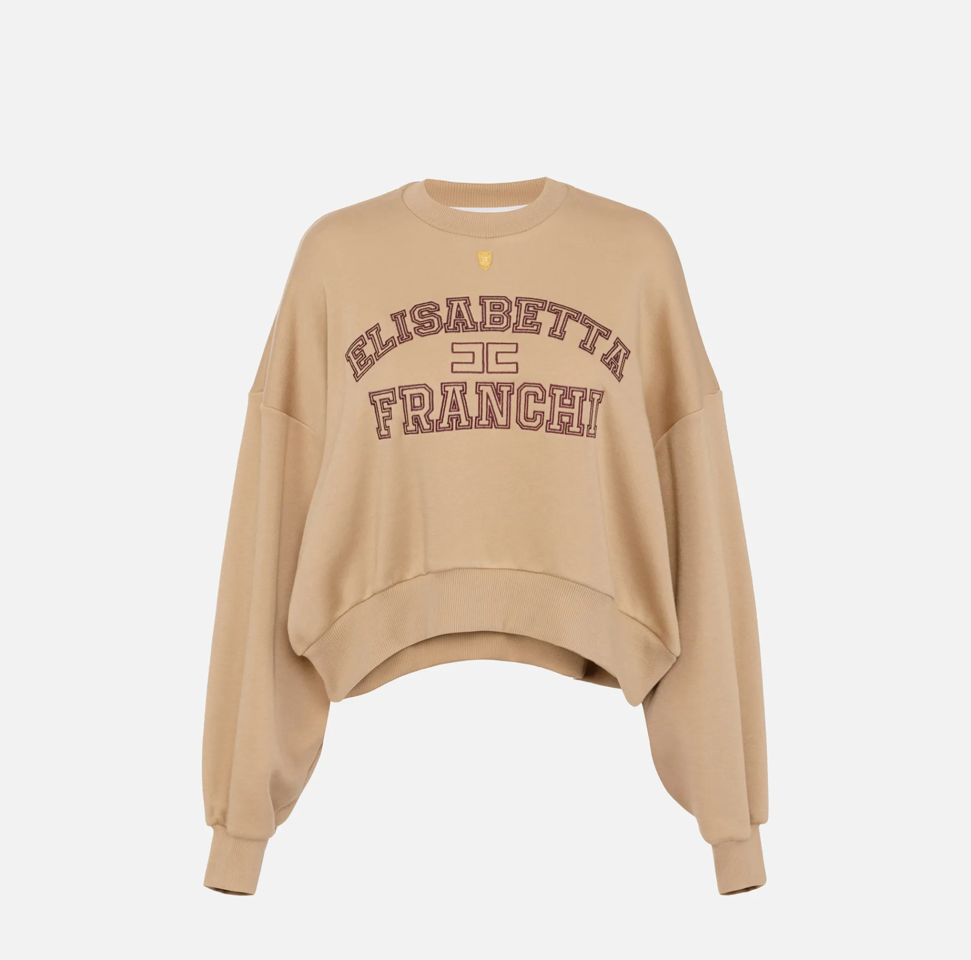 Elisabetta Franchi Knitwear And Sweatshirts|Cotton cropped sweatshirt with college logo Camel