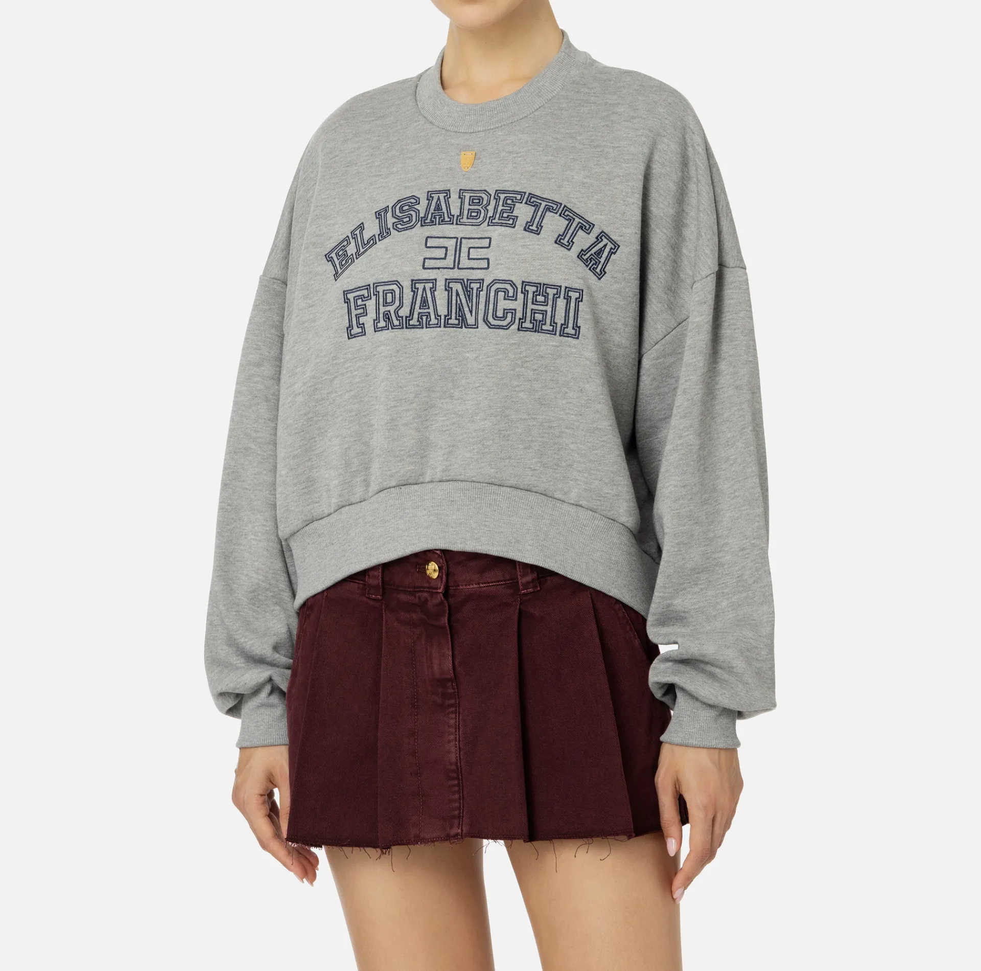Elisabetta Franchi Knitwear And Sweatshirts|Cotton cropped sweatshirt with college logo HeatherGrey