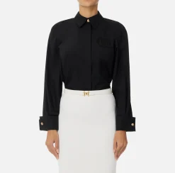 Elisabetta Franchi Shirts And Blouses|Cotton poplin shirt with gathers and logo emblem Black