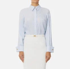 Elisabetta Franchi Shirts And Blouses|Cotton poplin shirt with gathers and logo emblem Skyblue