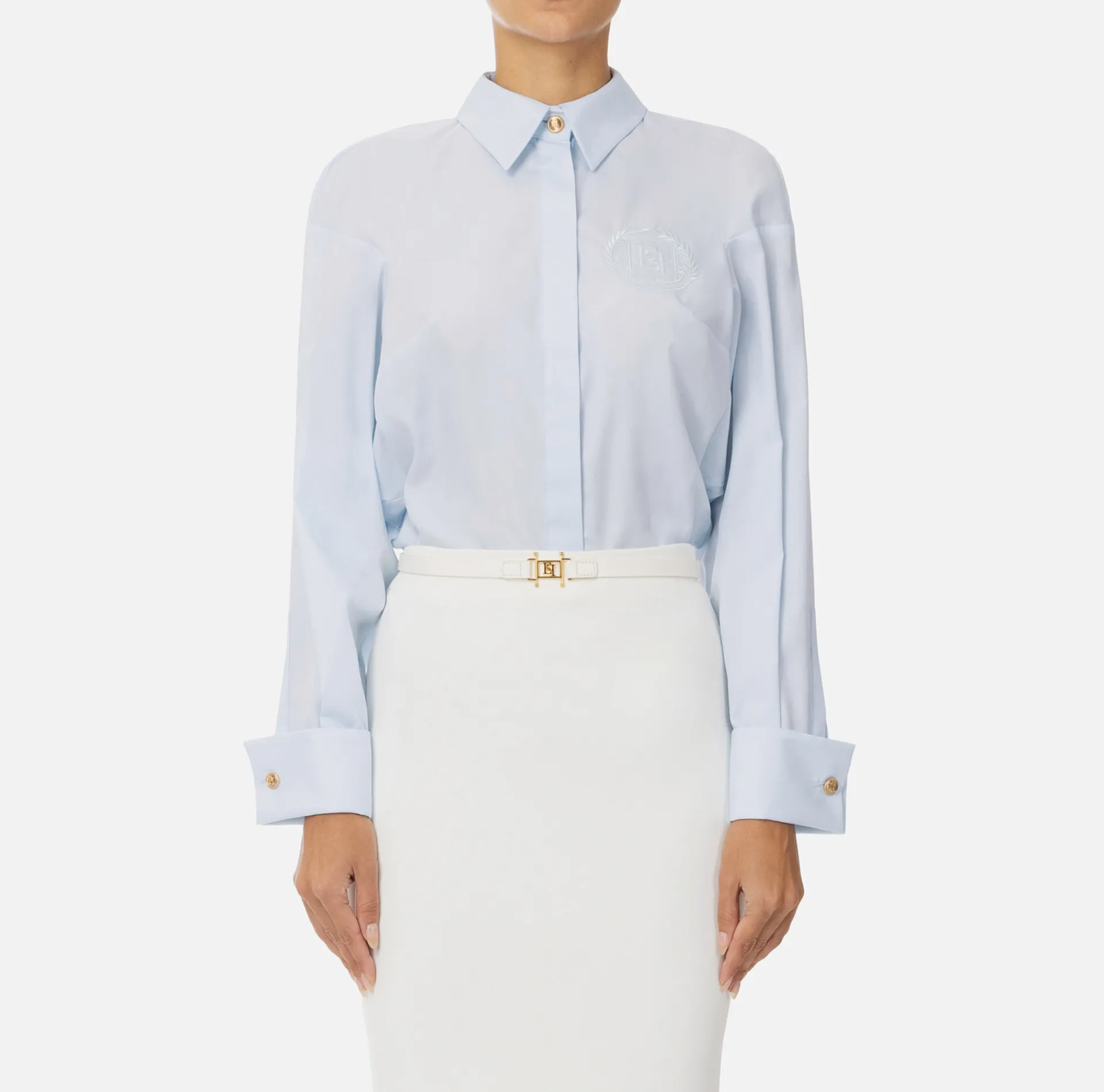 Elisabetta Franchi Shirts And Blouses|Cotton poplin shirt with gathers and logo emblem Skyblue