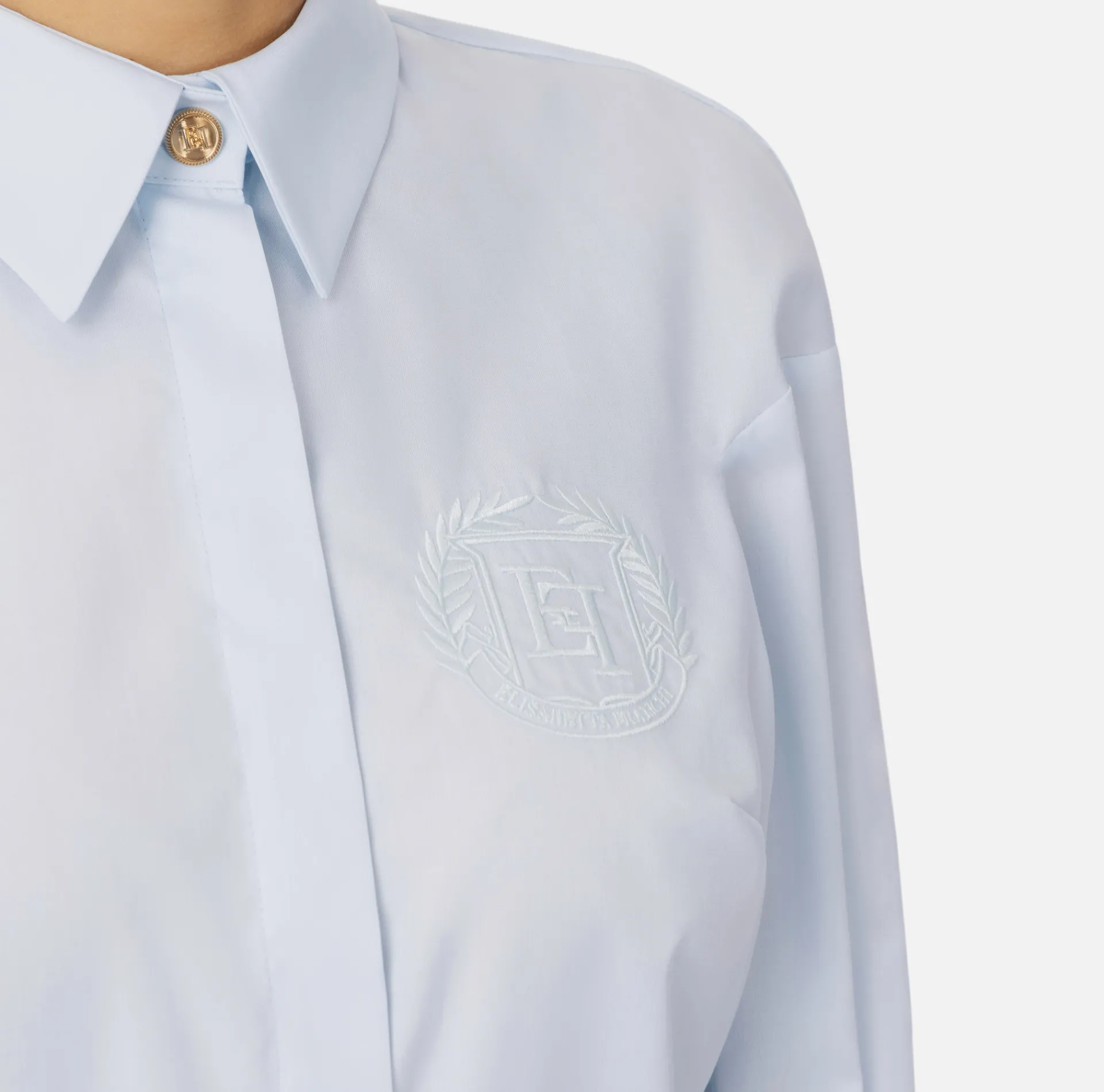 Elisabetta Franchi Shirts And Blouses|Cotton poplin shirt with gathers and logo emblem Skyblue