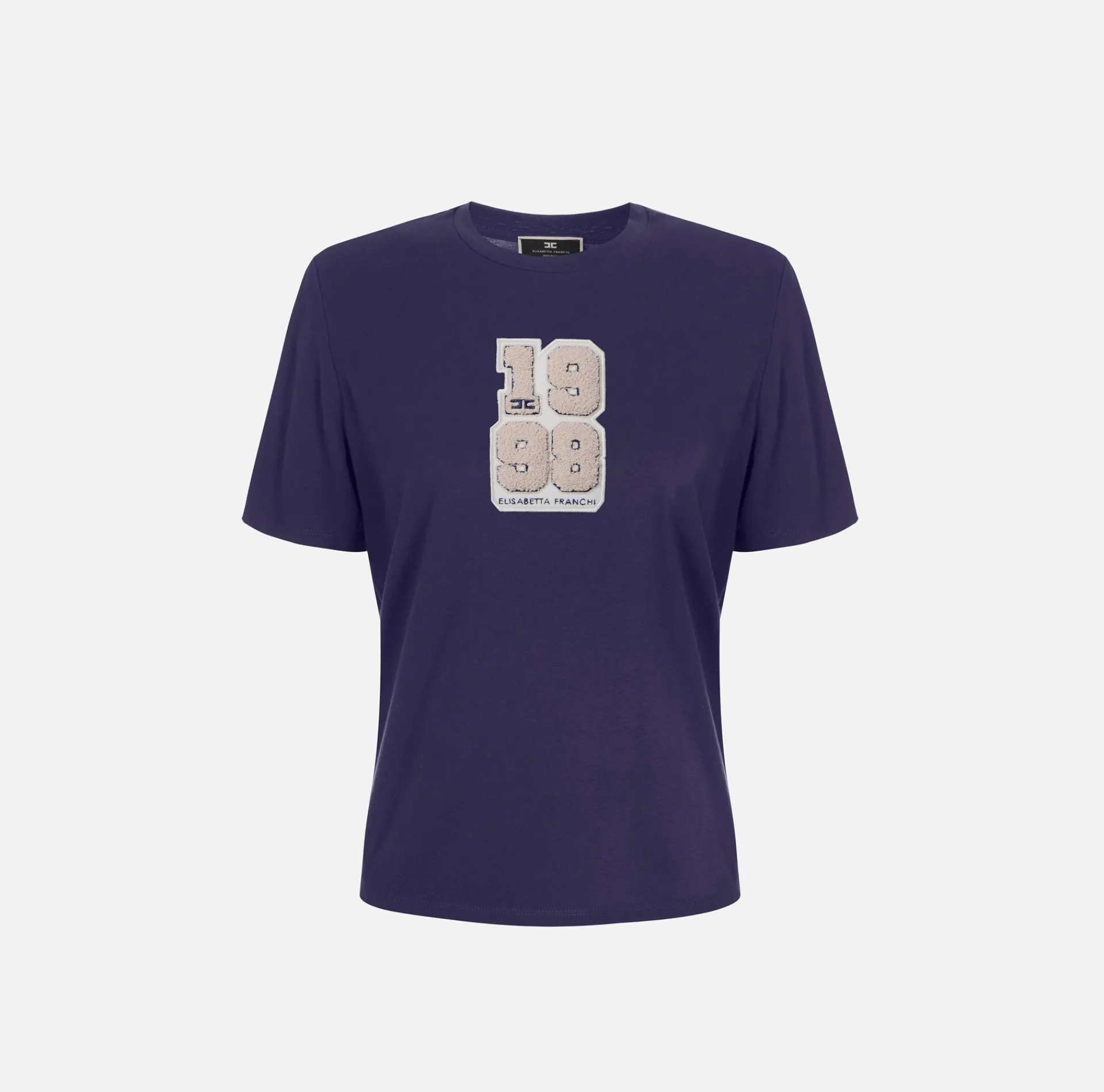 Elisabetta Franchi Top And T-Shirts|Cotton T-shirt with college-style logo patch Navy