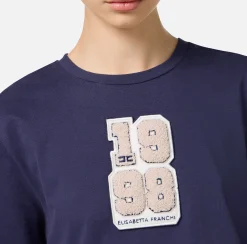 Elisabetta Franchi Top And T-Shirts|Cotton T-shirt with college-style logo patch Navy