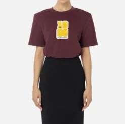 Elisabetta Franchi Top And T-Shirts|Cotton T-shirt with college-style logo patch RougeNoir