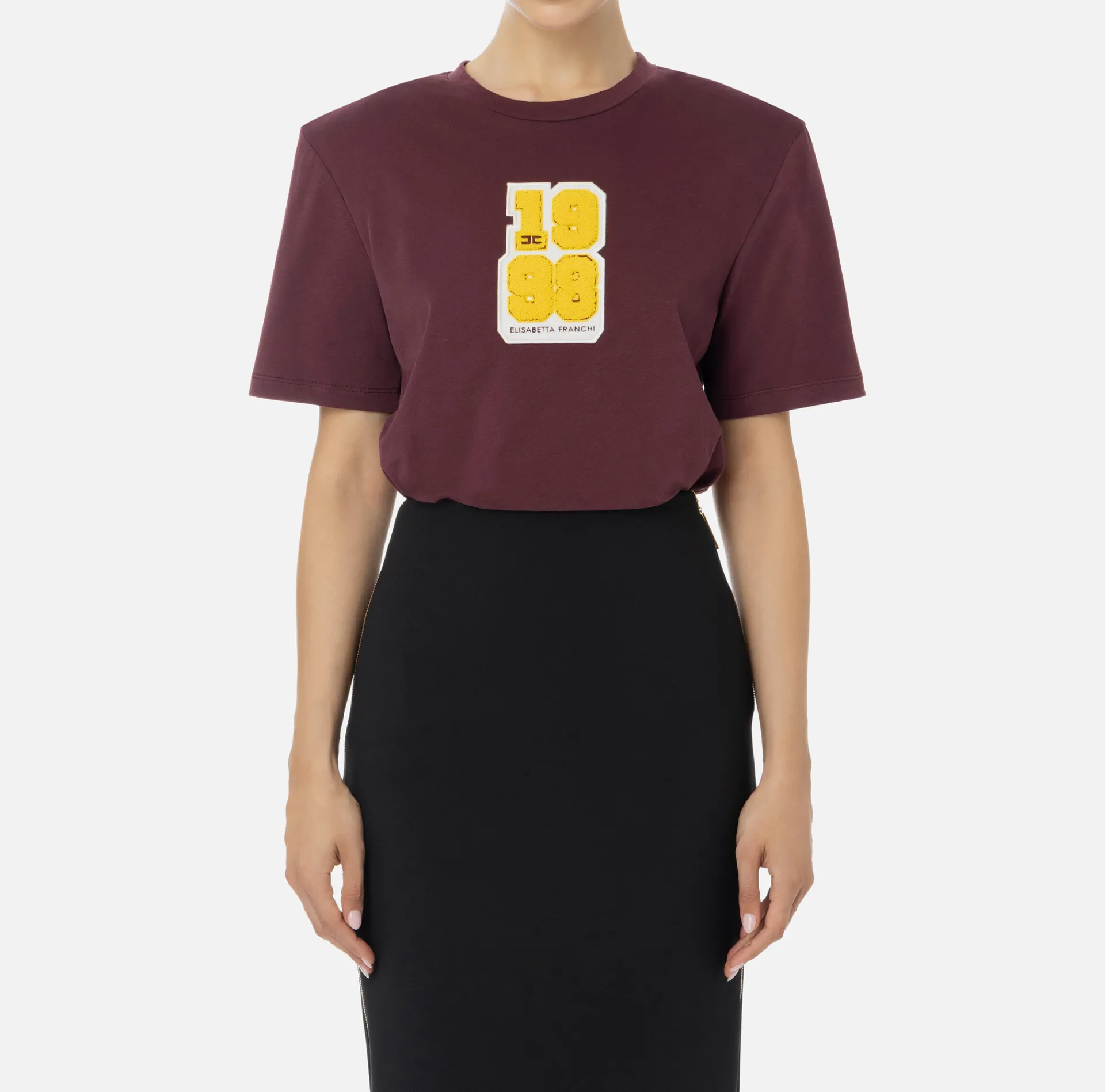 Elisabetta Franchi Top And T-Shirts|Cotton T-shirt with college-style logo patch RougeNoir