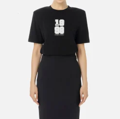 Elisabetta Franchi Top And T-Shirts|Cotton T-shirt with college-style logo patch Black