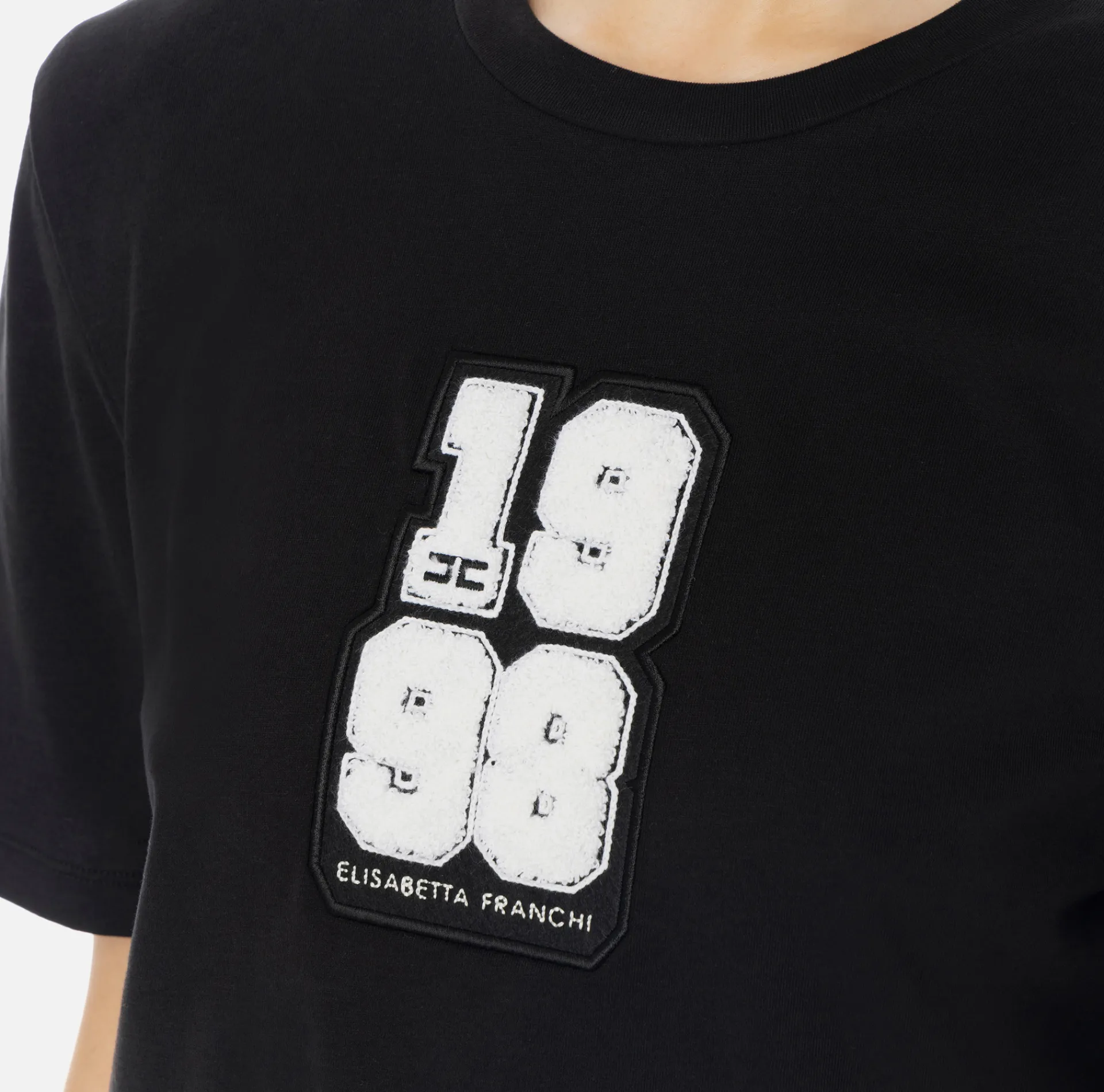 Elisabetta Franchi Top And T-Shirts|Cotton T-shirt with college-style logo patch Black