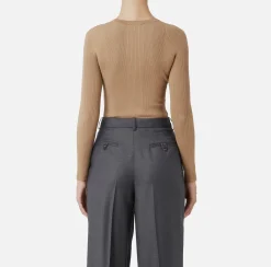 Elisabetta Franchi Knitwear And Sweatshirts|Crew neck shirt in narrow-ribbed lyocell and silk fabric with logo embroidery Camel