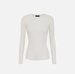 Elisabetta Franchi Knitwear And Sweatshirts|Crew neck shirt in narrow-ribbed lurex and viscose fabric Ivory