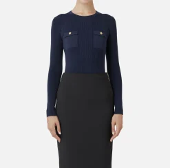 Elisabetta Franchi Knitwear And Sweatshirts|Crew neck shirt in narrow-ribbed lyocell and silk fabric with logo embroidery Navy