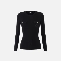 Elisabetta Franchi Knitwear And Sweatshirts|Crew neck shirt in narrow-ribbed lyocell and silk fabric with logo embroidery Black