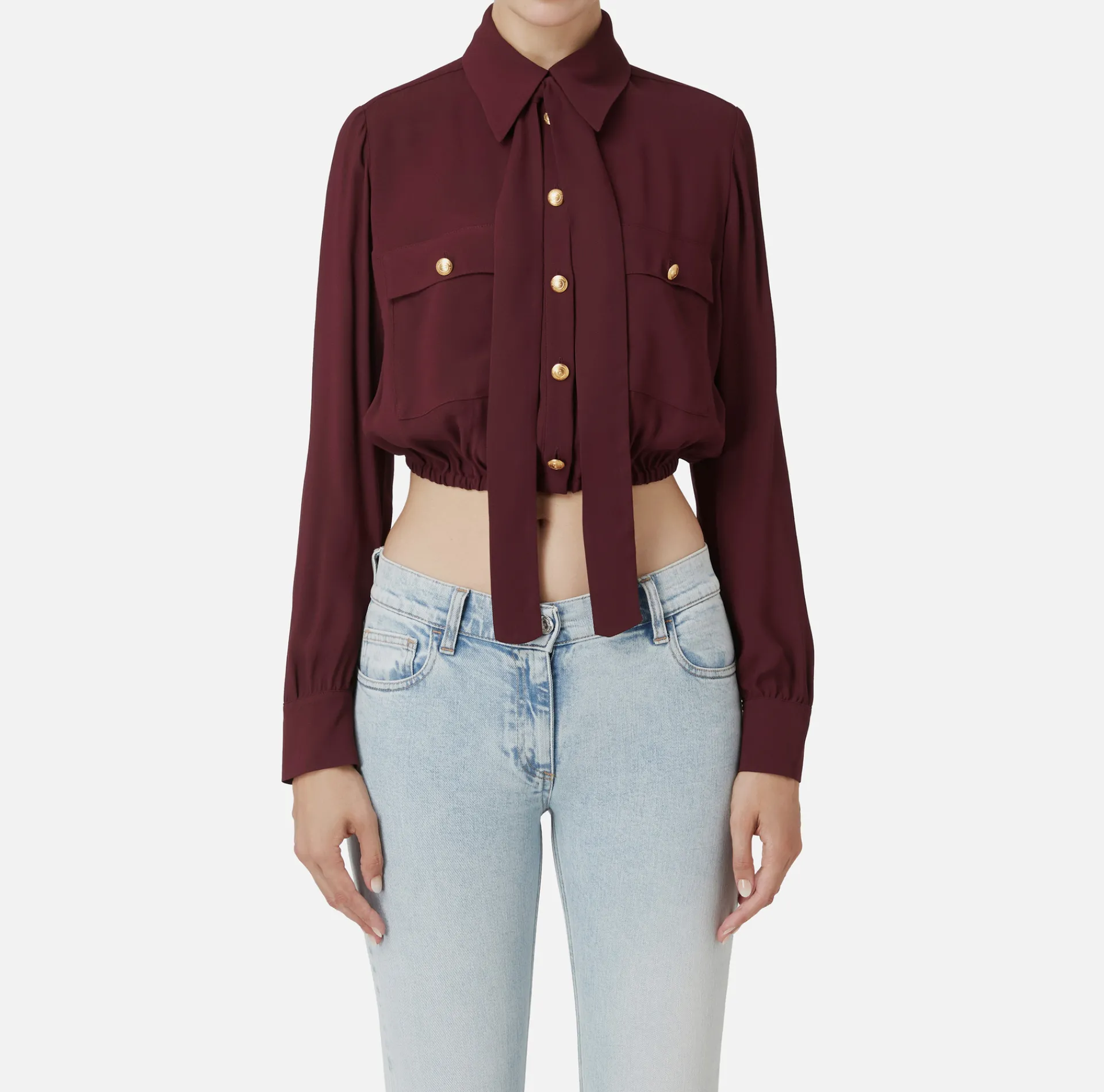 Elisabetta Franchi Shirts And Blouses|Cropped blouse in georgette fabric with foulard scarf neck RougeNoir