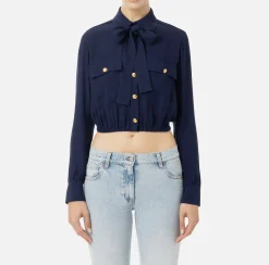 Elisabetta Franchi Shirts And Blouses|Cropped blouse in georgette fabric with foulard scarf neck Navy