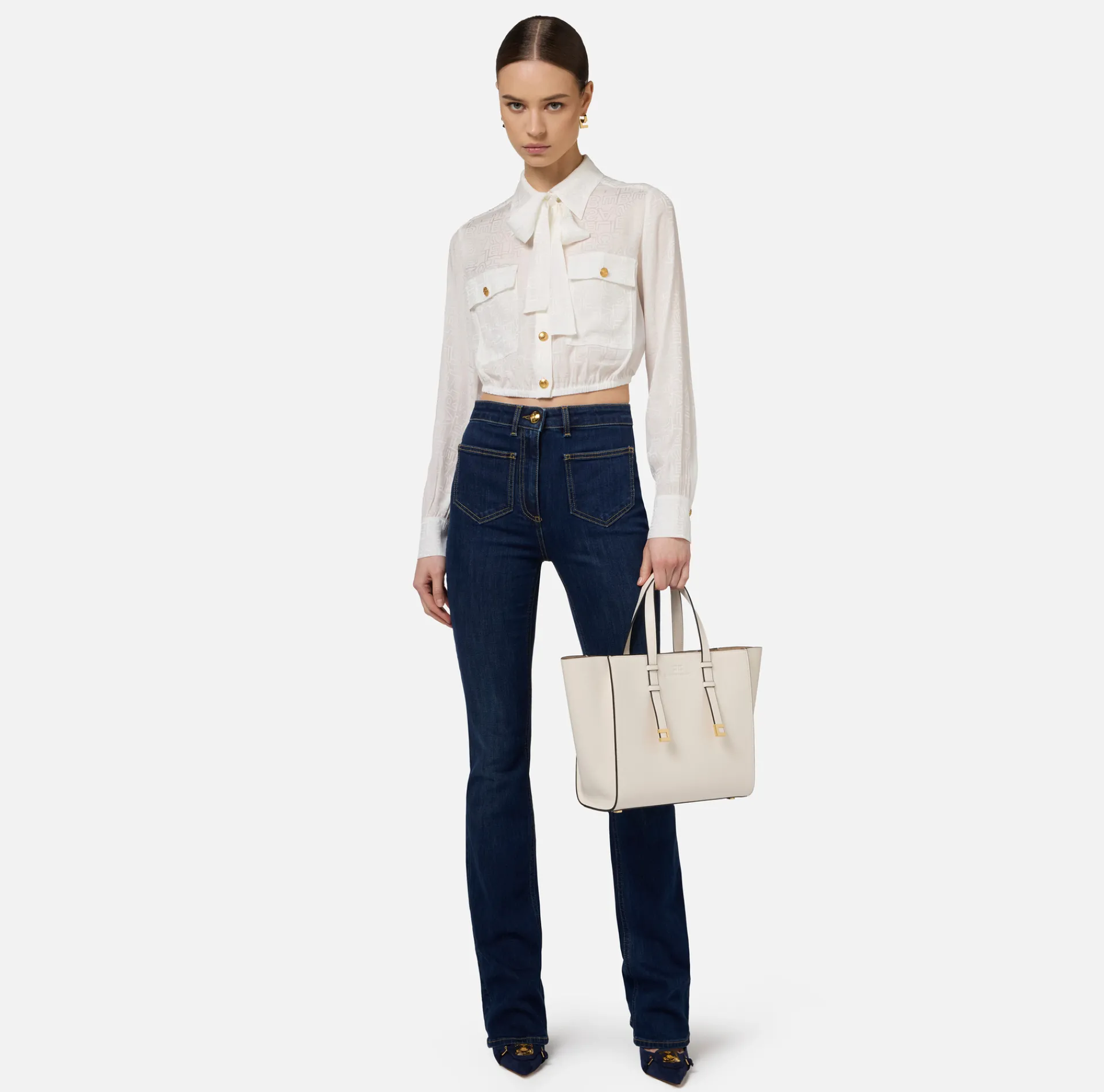 Elisabetta Franchi Shirts And Blouses|Cropped blouse in jacquard satin fabric with foulard scarf Ivory