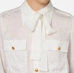 Elisabetta Franchi Shirts And Blouses|Cropped blouse in jacquard satin fabric with foulard scarf Ivory