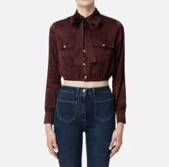 Elisabetta Franchi Shirts And Blouses|Cropped blouse in jacquard satin fabric with foulard scarf RougeNoir