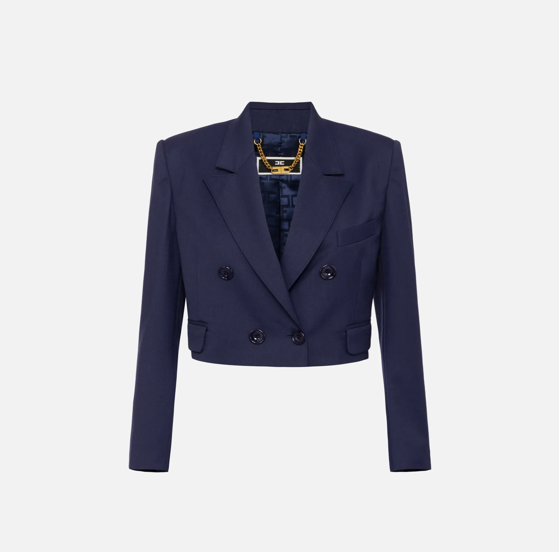 Elisabetta Franchi Jackets And Trench Coats|Cropped double-breasted jacket in cool wool Navy